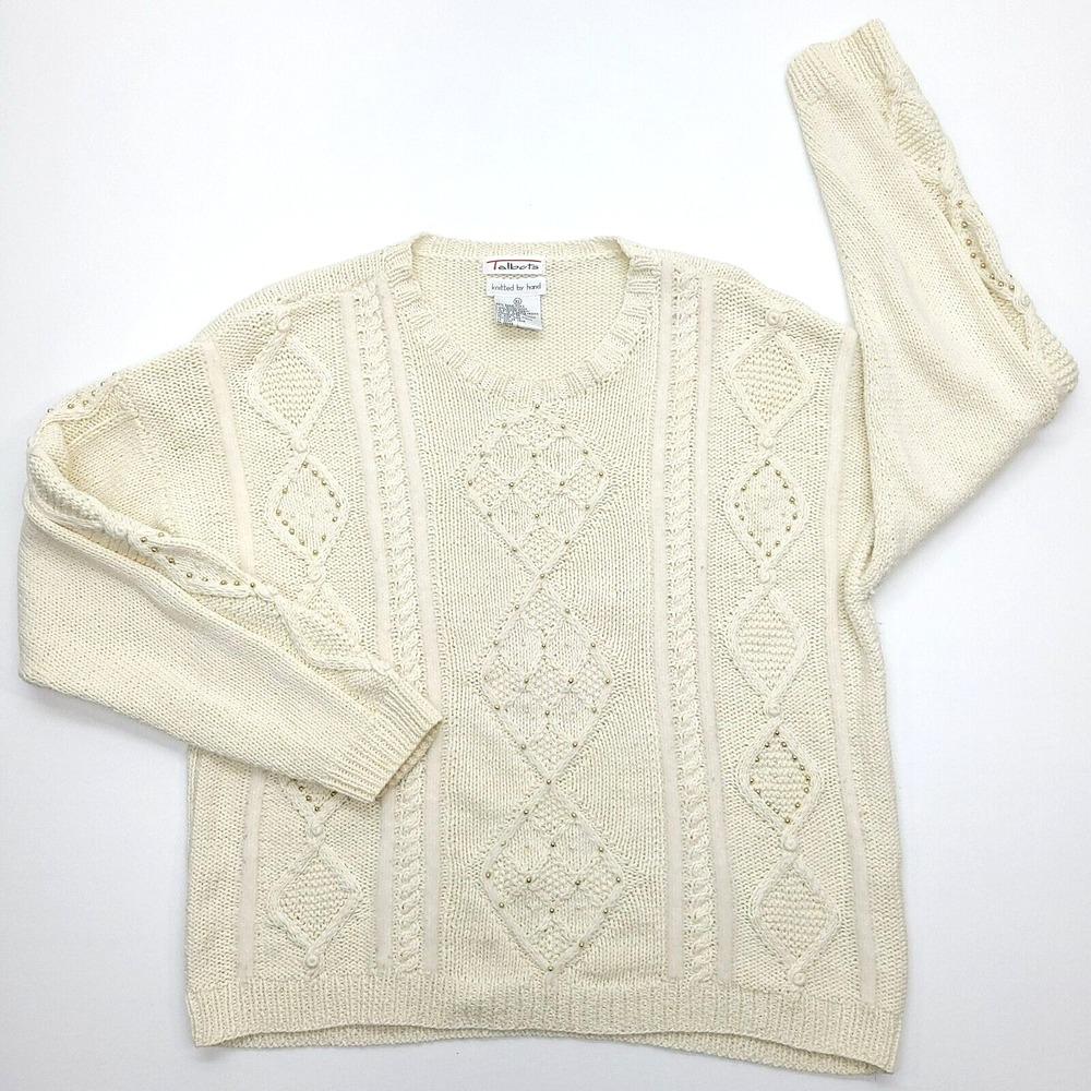VTG Talbots Sweater Women XL Ivory Cotton Angora Chunky Cable Hand‎ Knit Beaded